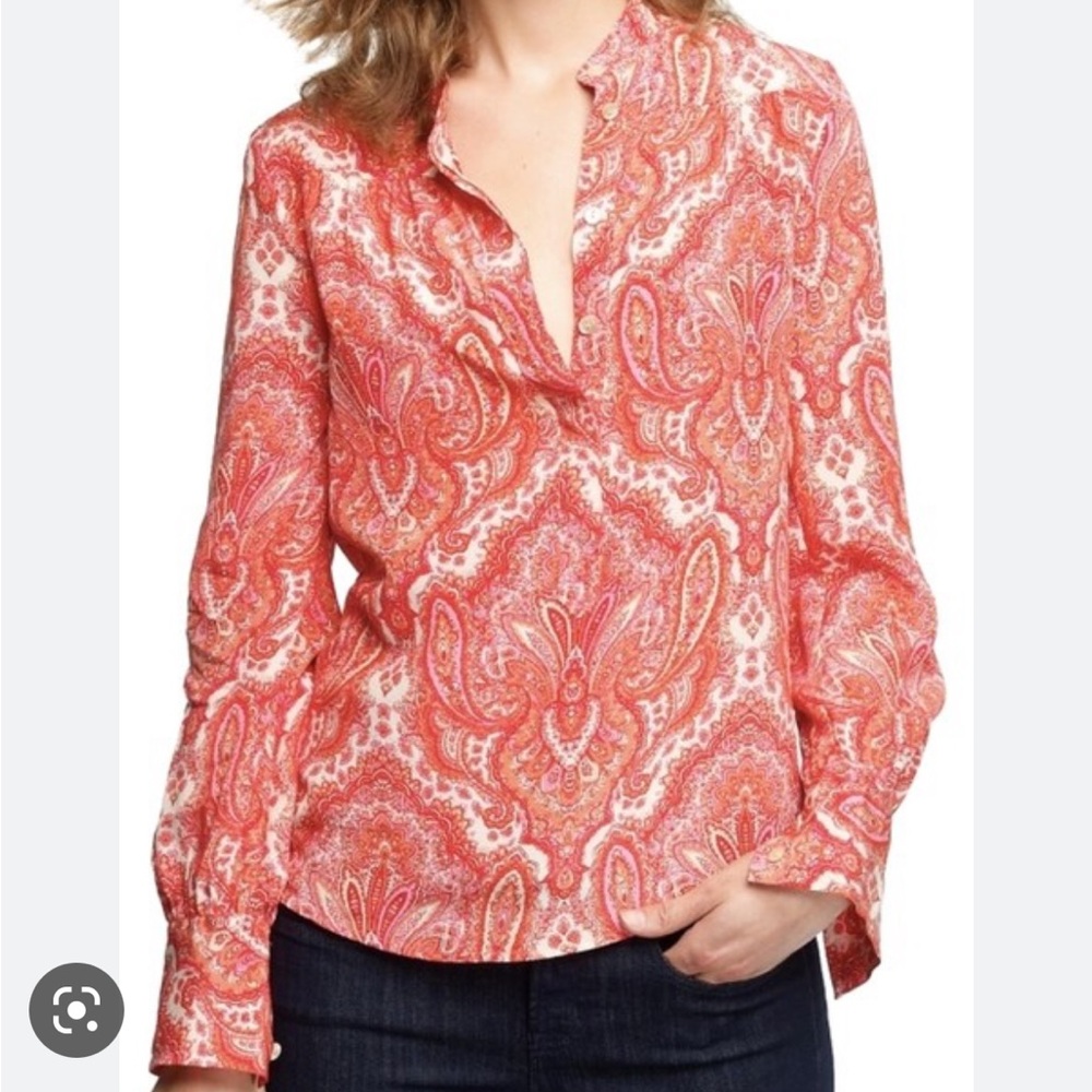 J Crew Pink Coral Paisley Popover Silk Blouse Size 2